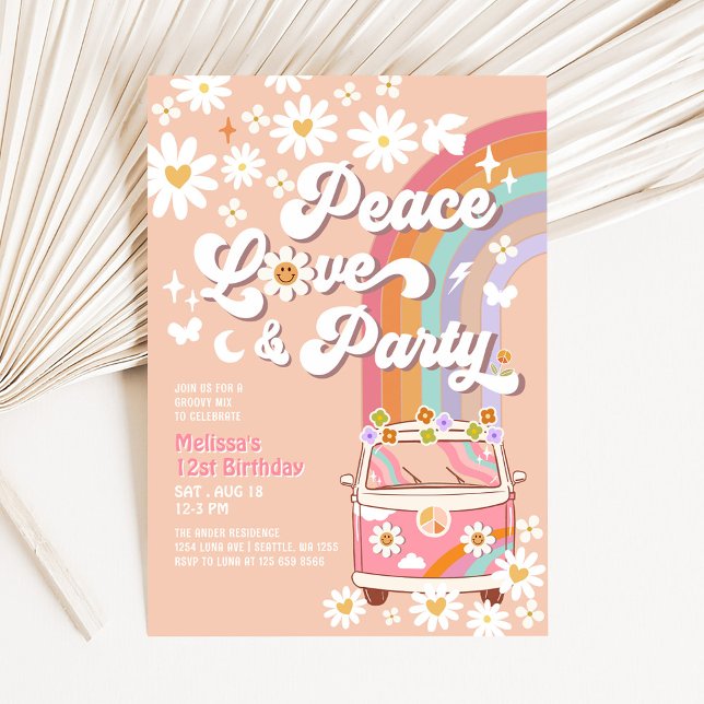 Peace Love Party Groovy Daisy Rainbow Birthday Invitation (Creator Uploaded)