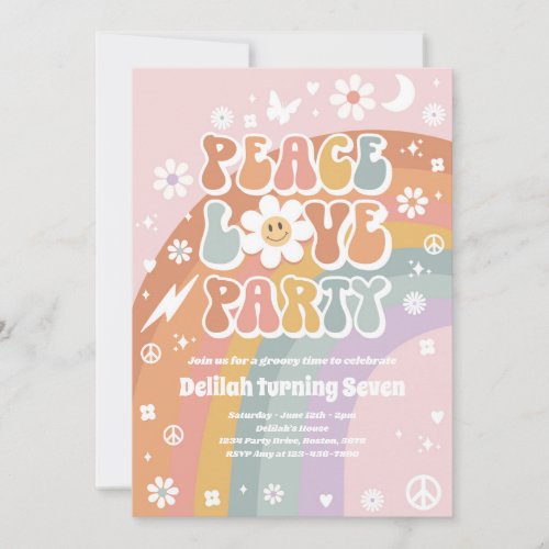 Peace Love Party Hippie Rainbow 70s Birthday Party Invitation