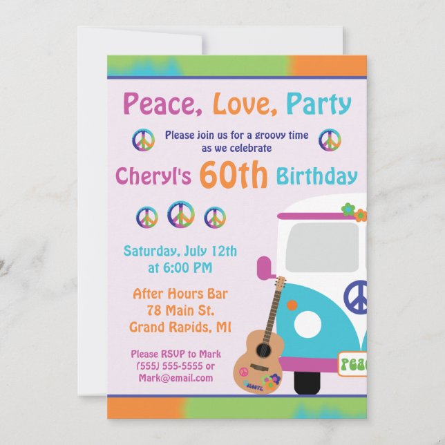 Peace, Love, Party Hippie Tie Dye Birthday Party Invitation (Front)