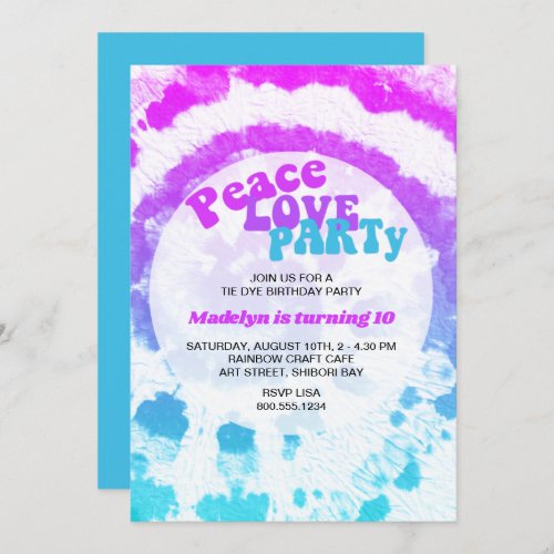 Peace Love Party Pink Turquoise Tie Dye Birthday Invitation