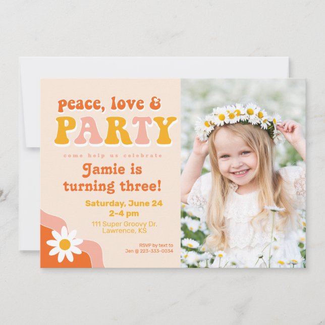 Peace, Love & Party Retro PhotoBirthday Invitation (Front)