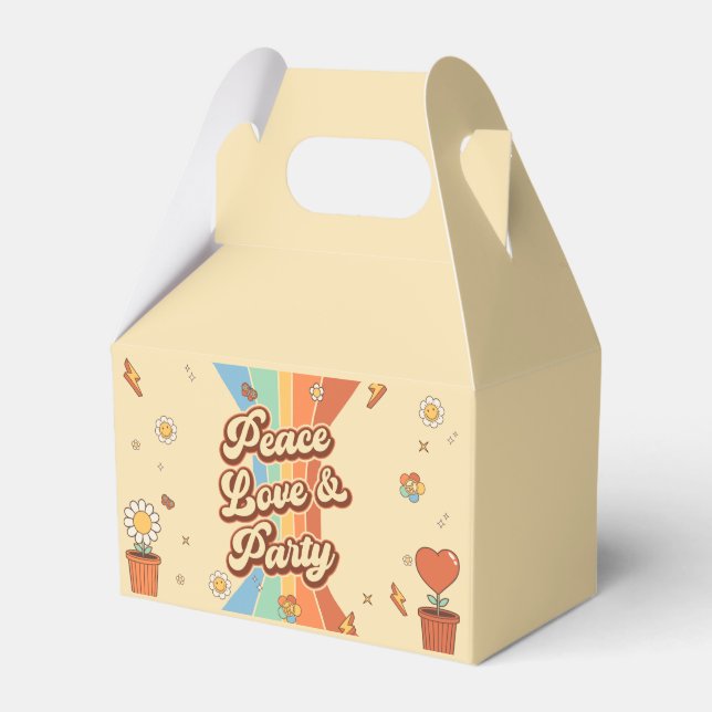 Peace Love Party Retro Rainbow 6th Birthday Favor Boxes (Front Side)