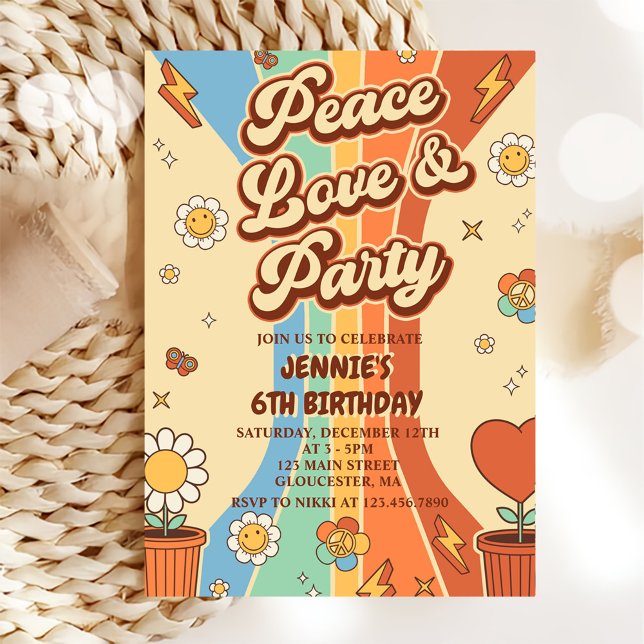 Peace Love Party Retro Rainbow 6th Birthday Invitation (Creator Uploaded)