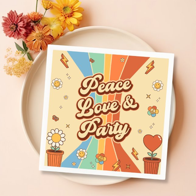 Peace Love Party Retro Rainbow 6th Birthday Napkins (Creator Uploaded)