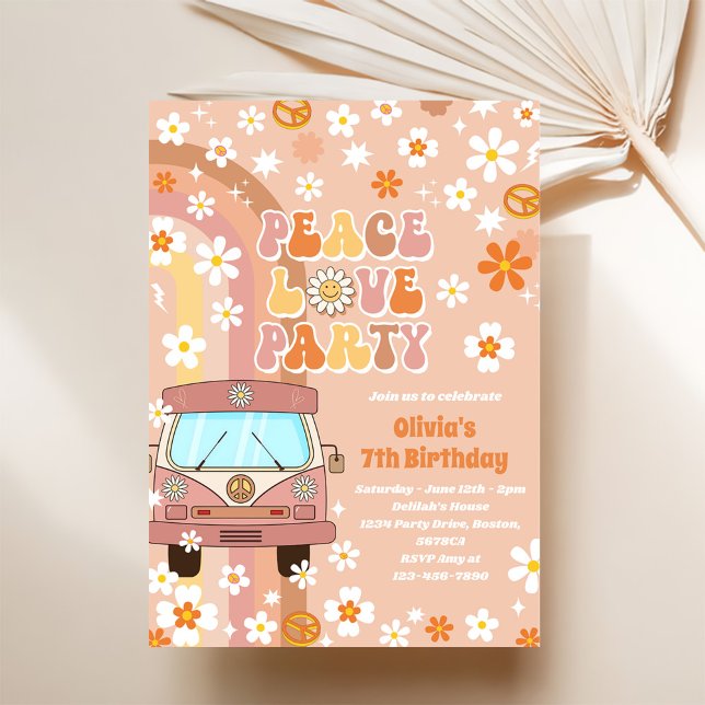 Peace Love Party Retro Rainbow 7th Birthday Invitation (Creator Uploaded)