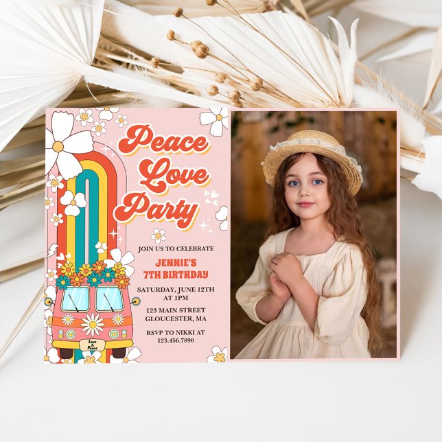 Peace Love Party Retro Rainbow 7th Birthday Photo Invitation (Creator Uploaded)