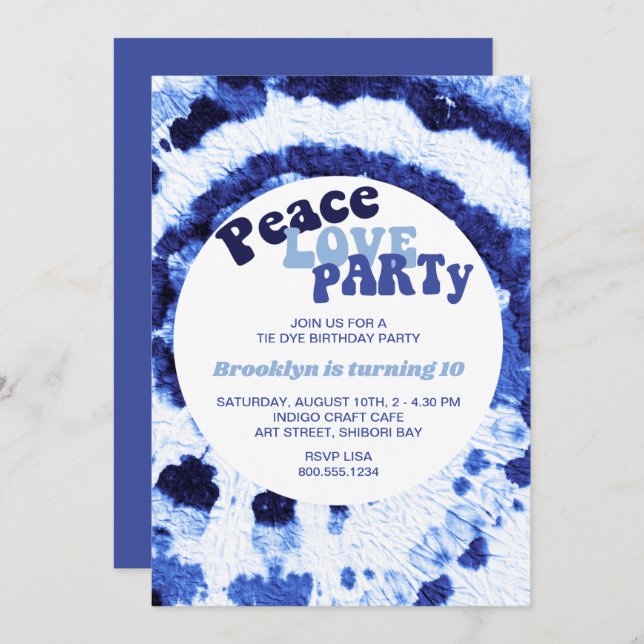 Peace Love Party Shibori Blue Tie Dye Birthday Invitation (Front/Back)