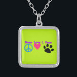 Peace Love & Paws Silver Plated Necklace<br><div class="desc">Cute graphic in colorful neon colors.  3 symbols - a peace sign,  a heart and a paw,  with the words peace,  love and paws. For peace loving pet owners.</div>