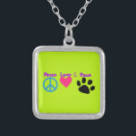 Peace Love & Paws Silver Plated Necklace<br><div class="desc">Cute graphic in colorful neon colors.  3 symbols - a peace sign,  a heart and a paw,  with the words peace,  love and paws. For peace loving pet owners.</div>