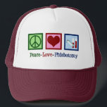 Peace Love Phlebotomy Cute Phlebotomist Trucker Hat<br><div class="desc">A cute phlebotomist hat with a peace sign,  heart,  and blood vials. Peace Love Phlebotomy gift.</div>