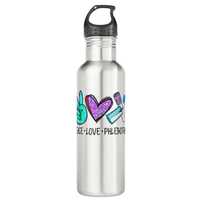Peace love Phlebotomy Phlebotomist Tech Technician Stainless Steel Water Bottle (Front)