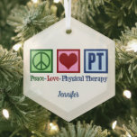 Peace Love Physical Therapy Custom PT Christmas Glass Ornament<br><div class="desc">This cute physical therapist Christmas ornament gift features a pretty peace sign,  heart,  and the letters PT. A beautiful,  personalized physical therapy present. Peace Love Physical Therapy.</div>