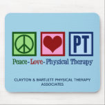 Peace Love Physical Therapy Custom PT Office Blue Mouse Pad<br><div class="desc">Peace Love Physical Therapy personalized mousepad with a green peace sign,  red heart,  and the letters PT in blue for a physical therapist. Customize this cute mouse pad gift with your company or business name.</div>