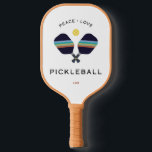 Peace Love Pickleball Custom Pickleball Paddle<br><div class="desc">This "Peace, Love and Pickleball", pickleball paddle design with a retro feel will wow your pickleball player friends on the court. Personalize with the name or initials of your choice. In gold, blue, grey and green. Makes a great custom gift for the holidays, birthdays, retirements and more. Part of a...</div>