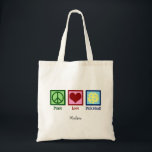 Peace Love Pickleball Cute Personalized Tote Bag<br><div class="desc">Peace Love Pickleball tote bag gift for a pickle ball player featuring a cute peace sign,  heart,  and a yellow ball for the sport. Personalize with a name.</div>