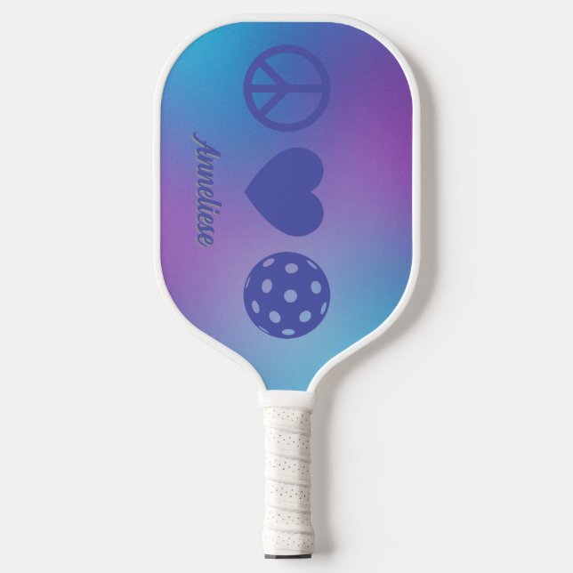 "Peace, Love, Pickleball" Personalized Purple Blue Pickleball Paddle (Front)