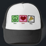Peace Love Pizza Trucker Hat<br><div class="desc">Pizza is my favorite meal. Mmm pepperoni,  mushrooms,  and cheese. What's not to love?</div>