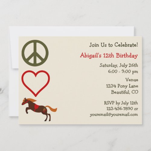 Peace Love Ponies Birthday Invitation for Girls