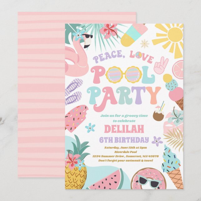 Peace Love Pool Party Groovy Summer Pool Birthday  Invitation (Front/Back)