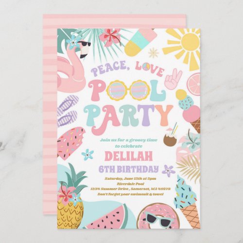 Peace Love Pool Party Groovy Summer Pool Birthday  Invitation