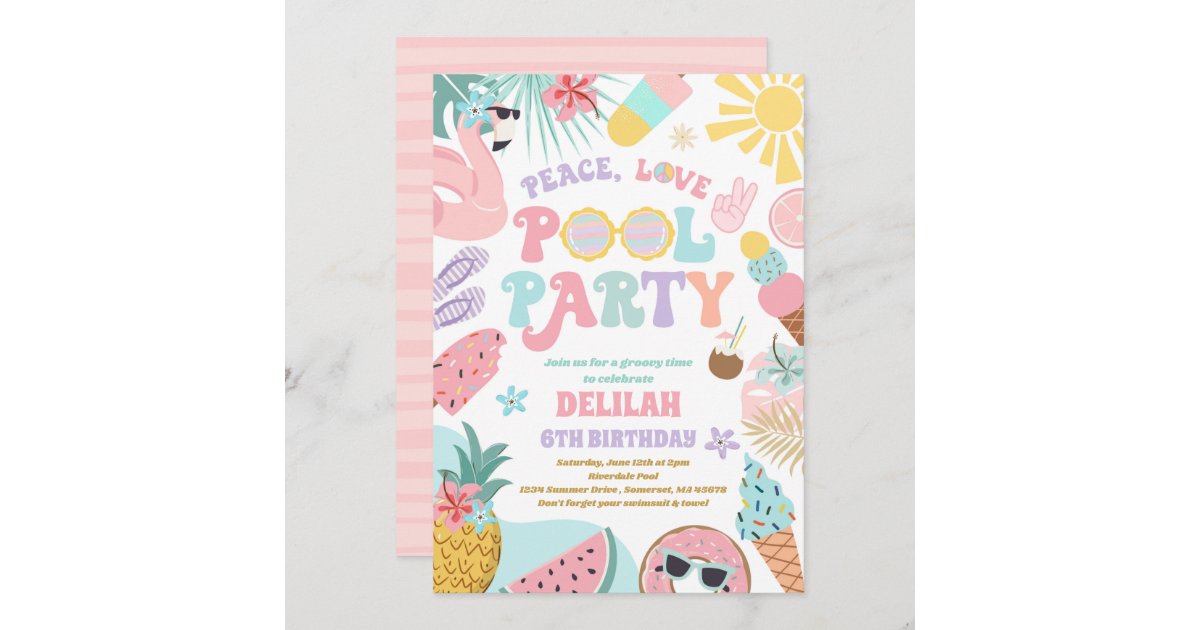 Peace Love Pool Party Groovy Summer Pool Birthday Invitation | Zazzle
