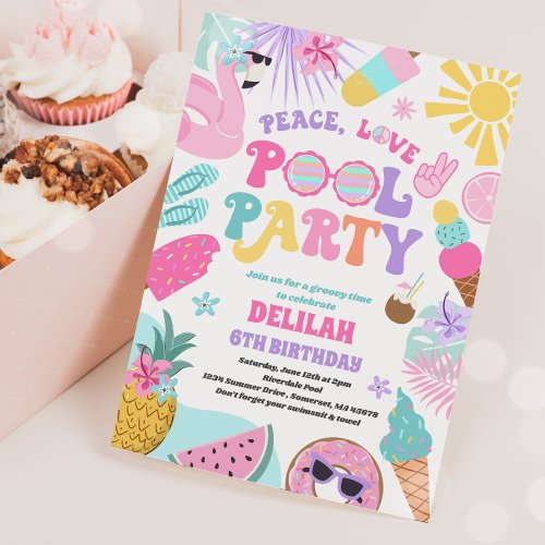 Peace Love Pool Party Groovy Summer Pool Birthday  Invitation