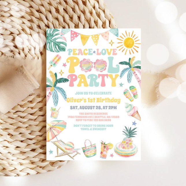 Peace Love Pool Party Summer Birthday Invitation (Creator Uploaded)