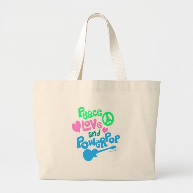 Peace, Love  Powerpop Music Theme Motto Large Tote Bag (Front)