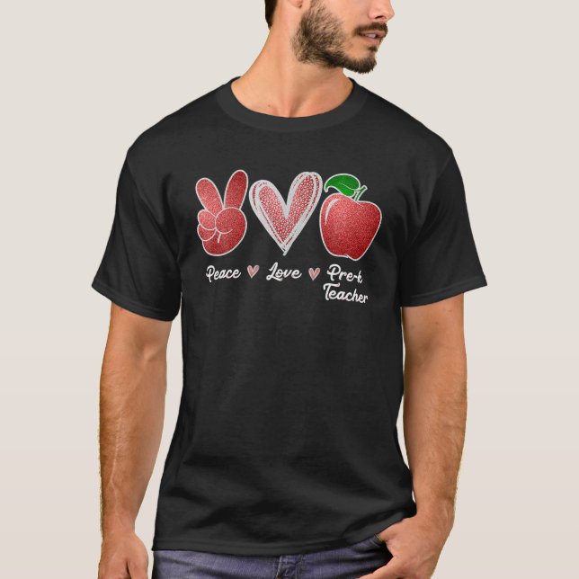 Peace Love Pre-K Teacher Leopard Apple Back To Sch T-Shirt (Front)
