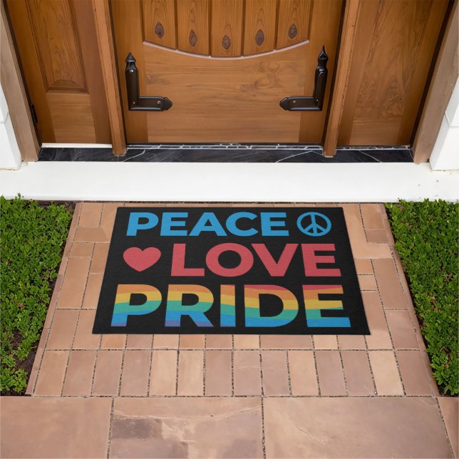 Peace Love Pride Rainbow Gay Pride Black Doormat (Outdoor)