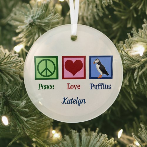 Peace Love Puffins Cute Custom Puffin Christmas Glass Ornament