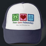 Peace Love Pulmonology Customizable Pulmonologist Trucker Hat<br><div class="desc">Peace Love Pulmonology hat. A cool pulmonologistgift for a pulmonology doctor or nurse with a peace sign,  heart,  and lungs. A great design for a pulmonary specialist who treats asthma and other respiratory issues.</div>