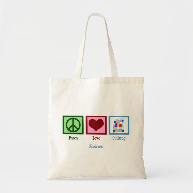 Peace Love Quilting Cute Quilter Monogram Tote Bag (Front)