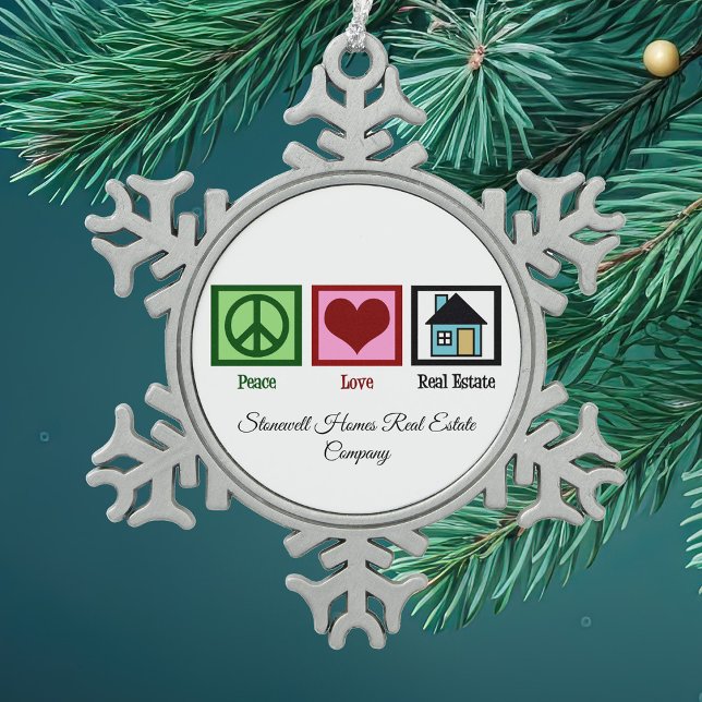Peace Love Real Estate Personalized Christmas Snowflake Pewter Christmas Ornament (Creator Uploaded)
