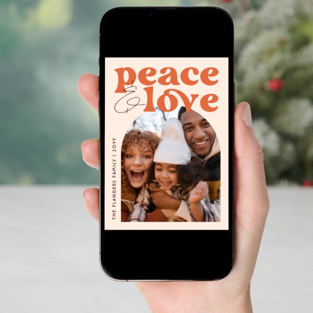 Peace & Love Retro Groovy Arch Fun Christmas Photo Holiday Card (Front Digital)
