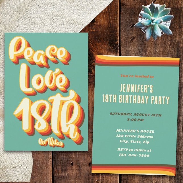 Peace Love Retro Groovy Sunset 18th Birthday Invitation (Front and Back)