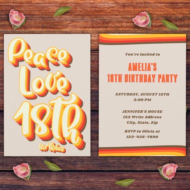 Peace Love Retro Groovy Sunset Gray 18th Birthday Invitation (Front and Back)