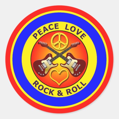 PEACE LOVE ROCK AND ROLL CLASSIC ROUND STICKER