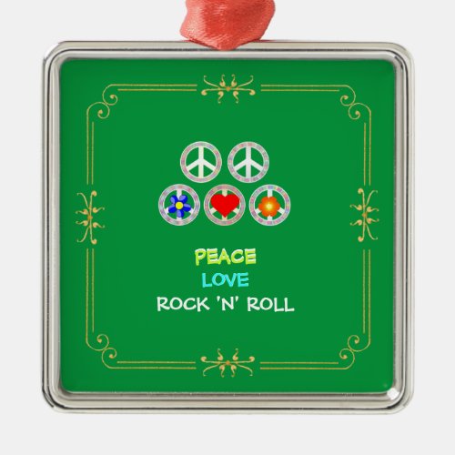 Peace Love Rock and Roll Metal Ornament