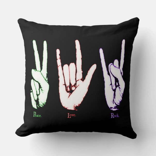 Peace Love Rock Hand Symbols Throw Pillow (Front)