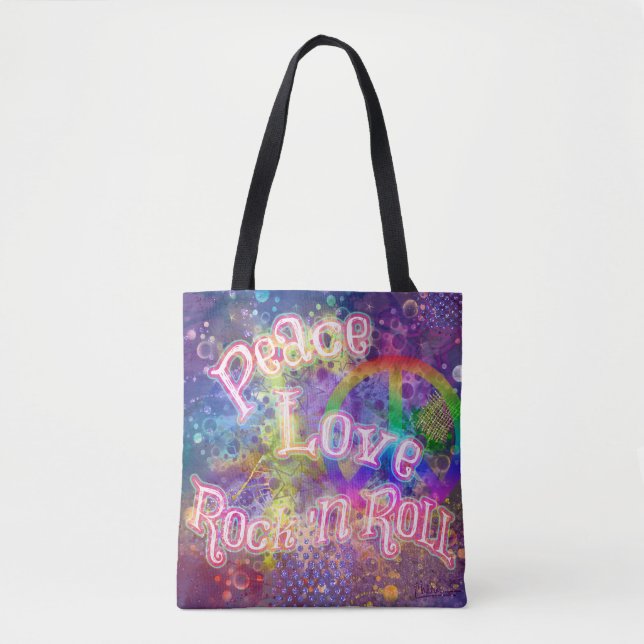 Peace, Love & Rock 'n Roll | Bright Boho Hippie Tote Bag (Front)