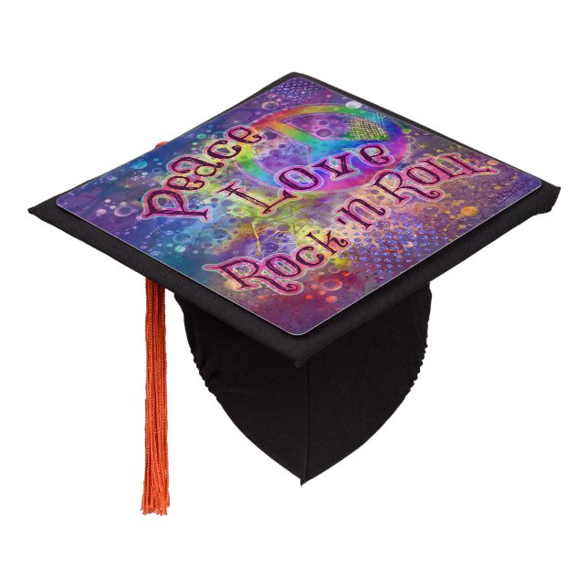 Peace, Love, Rock 'n Roll | Far Out Graduation Cap Topper (Angled)