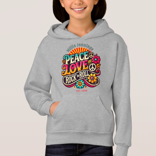 Peace Love RocknRoll Retro 70s Vintage Psychedelic Hoodie (Front)