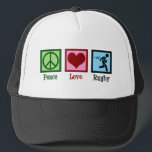 Peace Love Rugby Trucker Hat<br><div class="desc">Peace Love Rugby. A cool rugby sports team gift for a player with a football league or union.</div>