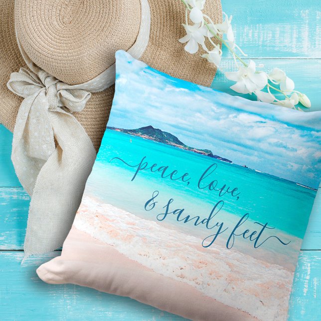 Peace Love Sandy Feet Hawaii Tropical Beach Photo Throw Pillow (Creator Uploaded)