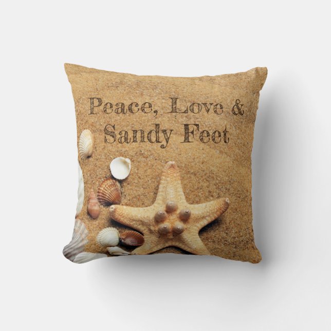 Peace, Love & Sandy Feet Throw Pillow (Front)