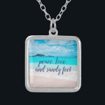 Peace Love Sandy Feet Tropical Hawaii Beach Photo Silver Plated Necklace<br><div class="desc">“Peace, love & sandy feet.” Remind yourself of the fresh salt smell of the ocean air whenever you wear this stunning, vibrantly-colored photo charm necklace. This necklace comes in small, medium and large sizes, as well as both square and circle shapes. You can order this necklace in your choice of...</div>