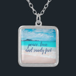 Peace Love Sandy Feet Tropical Hawaii Beach Photo Silver Plated Necklace<br><div class="desc">“Peace, love & sandy feet.” Remind yourself of the fresh salt smell of the ocean air whenever you wear this stunning, vibrantly-colored photo charm necklace. This necklace comes in small, medium and large sizes, as well as both square and circle shapes. You can order this necklace in your choice of...</div>
