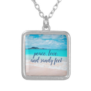 Peace Love Sandy Feet Tropical Hawaii Beach Photo Silver Plated Necklace