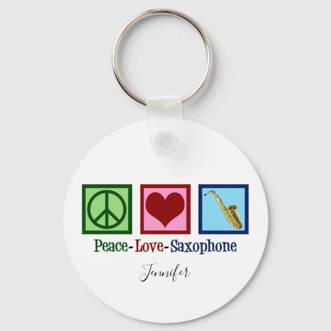 Peace Love Saxophone Cute Monogram Blue Keychain (Front)